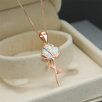 

Classic Female White Opal Pendant Necklace Cute Rose Gold Color Chain Necklace Trendy Bridal Flower Wedding Necklaces For Women