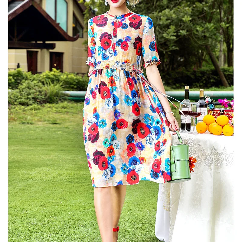 

New Style Silk Dress Women's 2019 Fashion Summer WOMEN'S Dress Waist Hugging Slimming Elegant Mulberry Silk Skirt