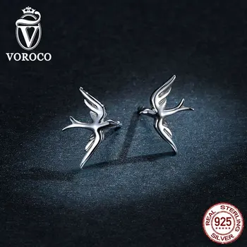 

VOROCO BNE302 Flying Spring Swallow Stud Earrings 925 Sterling Silver High Quality Women Fine Jewelry Hypoallergenic Earrings