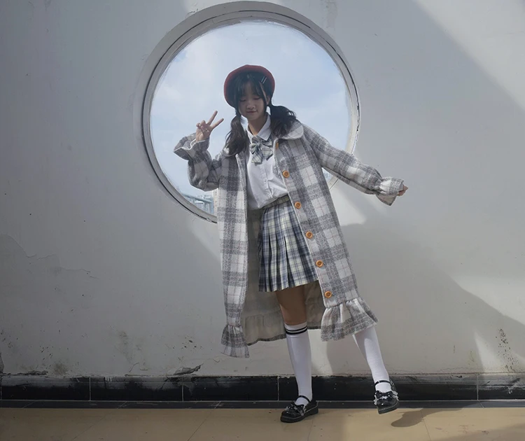 Японский Мори девушка осень и зима плащ куртка пальто для женщин Harajuku сладкий плед средней и длинной секции подростков девочек шерстяное пальто