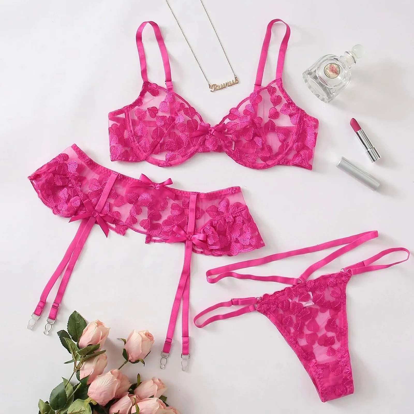 Sous Vetement Femme Women Sexy Hot Pink Heart Embroidery Lace Lingerie Set Lace  Bra Mini Dress G-string Thong Suit Нижнее Белье - Bras - AliExpress