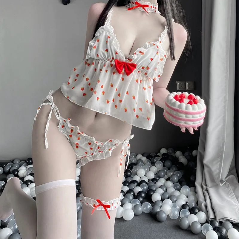 

Strawberry Camisole Kawaii Sleepwear Cute Ruffle Uniform Girl Cosplay Costume Embroidered Sexy Lingerie Set Underwear For Women