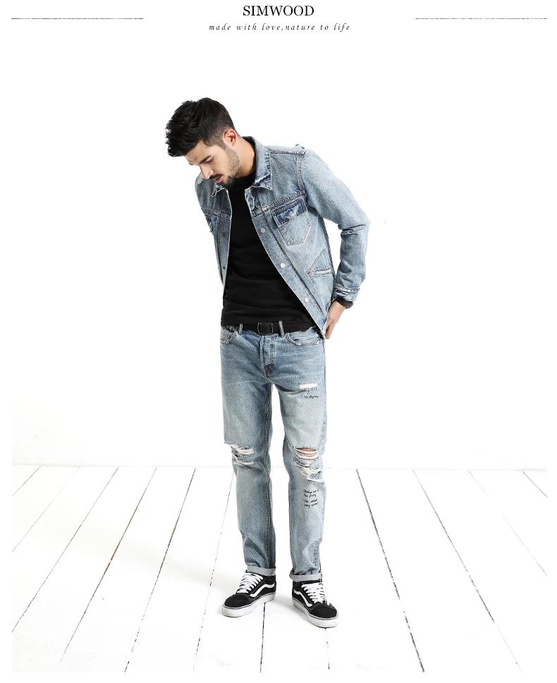 Мужская джинсовая куртка SIMWOOD, модная приталенная рваная куртка из хлопка с карманами, модель NK017013 на осень и зиму