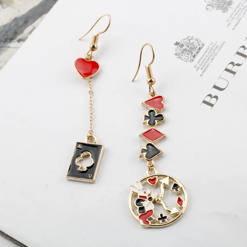 Animal Earrings Alice in wonderland Metal Enamel Rabbit Clock Poker Cartoon Icon Party Jewelry For Girl Women Gift