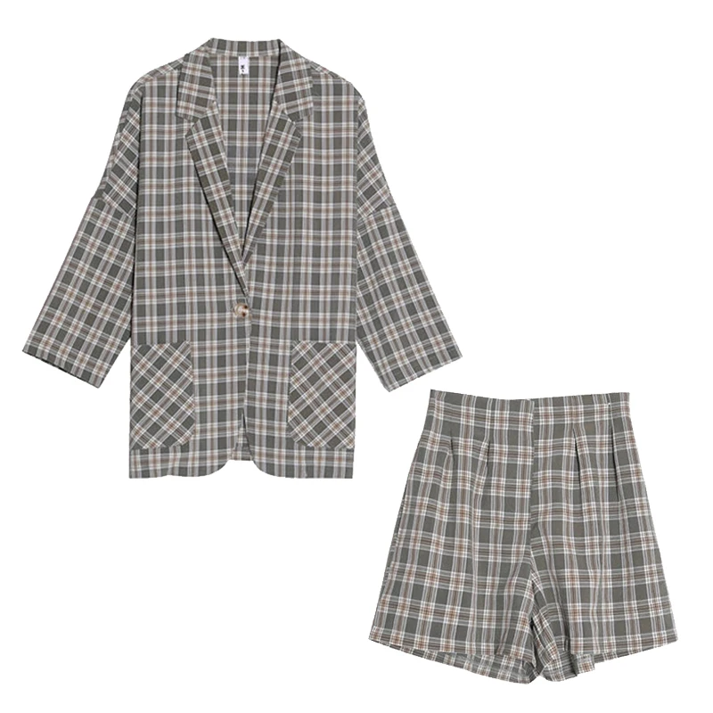 Elegant Autumn Plaid Suit 2PS Set Women Blazer Coat Causal Long Sleeve Oversize Shorts Pants Office Lady Pocket Suit Blazer Set