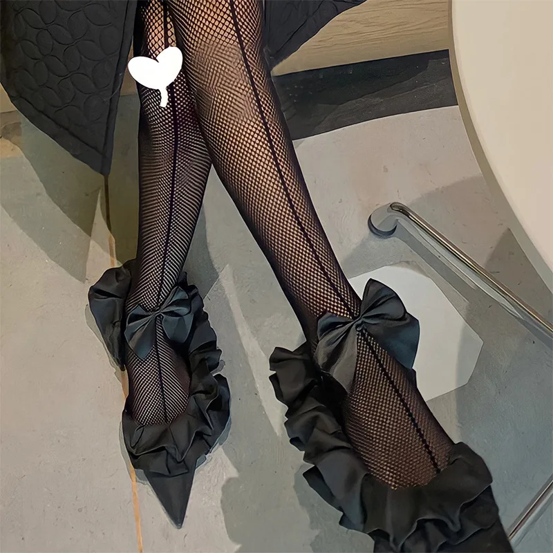 

Sexy Black Bowknot Women Pumps With Hollow Long Socks Ruffle Slingback Slippers Pointed Toe Ladies Causal Party Prom Shoes