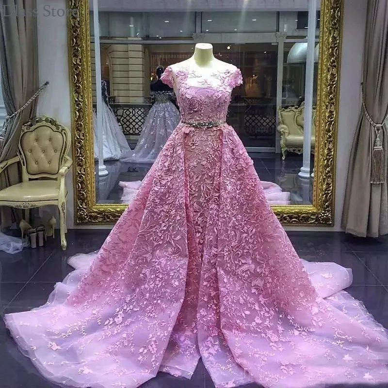 

2020 Gorgeous Evening Dress Pink Mermaid Prom Dress Lace Applique Sheer Neck Party Gowns With Detachable Train  