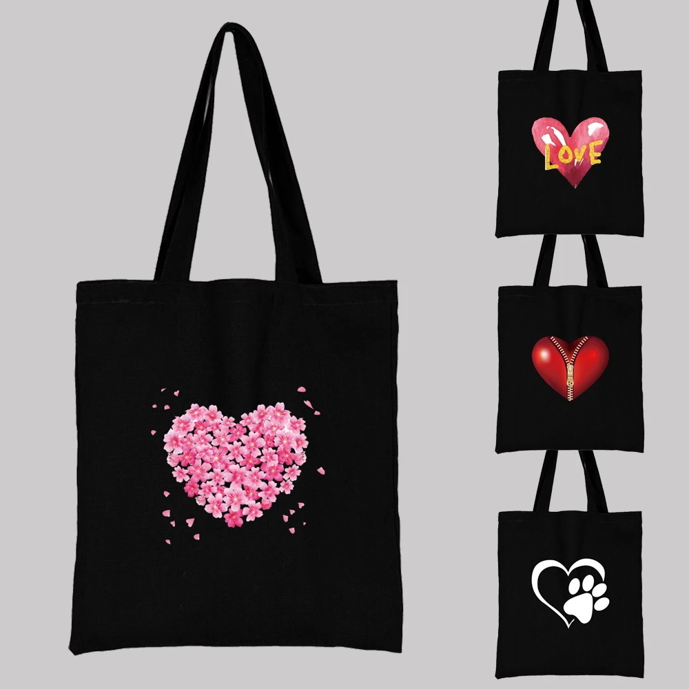 Women's Fabric Shopping Bag Fashion Classic Love Heart Pattern Series Shoulder Bag Reusable Black Print Canvas Tote Bag Shopper