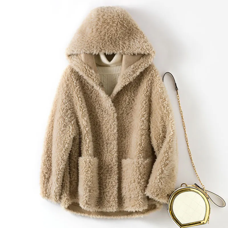 Куртка для стрижки овец, Женское пальто из натурального меха, зимняя теплая куртка с капюшоном, корейское винтажное шерстяное пальто, женские меховые Топы Hiver 077