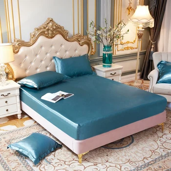 

Luxury Silk Satin Bed Linen Elastic Fitted Sheet Home Bedding Set Hotel Mattress Cover for Double Couple King Size No Pillowcase