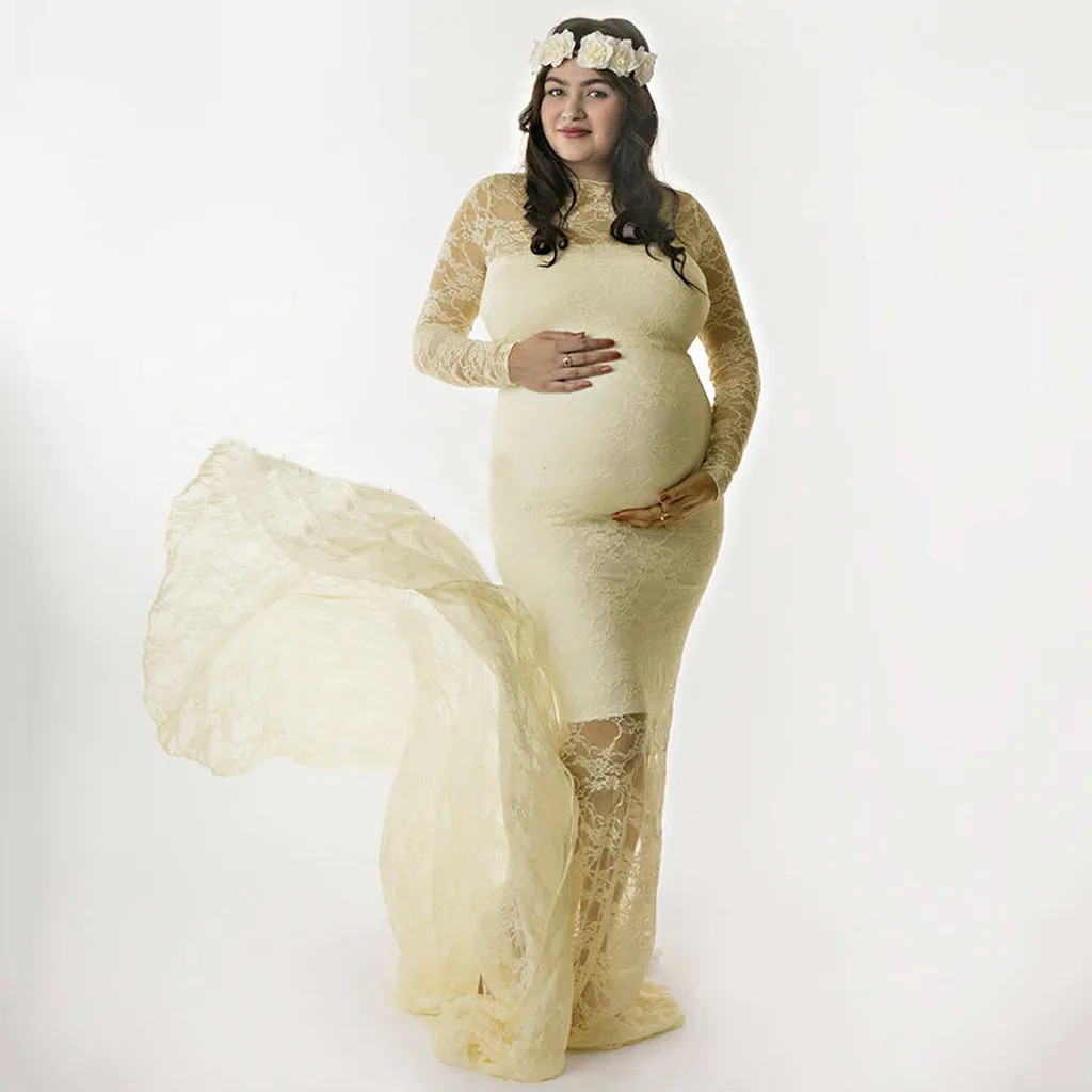 Vetement femme женское платье для беременных платье для фотосъемки кружевное платье с длинным рукавом для будущих мам однотонное платье ropa mujer - Цвет: Бежевый