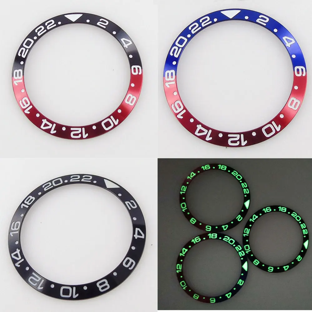 

BLIGER 38mm*30.6mm Green Luminous 24 Hours GMT Slope Watch Bezel Insert Alloy Blue Red fit GMT 40mm Watch