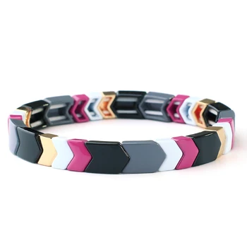 

Women Elastic Bracelet Enameled Tile BeadS Stretch Bangle Handmade Pulseras Stacking Jewelry Purple Black