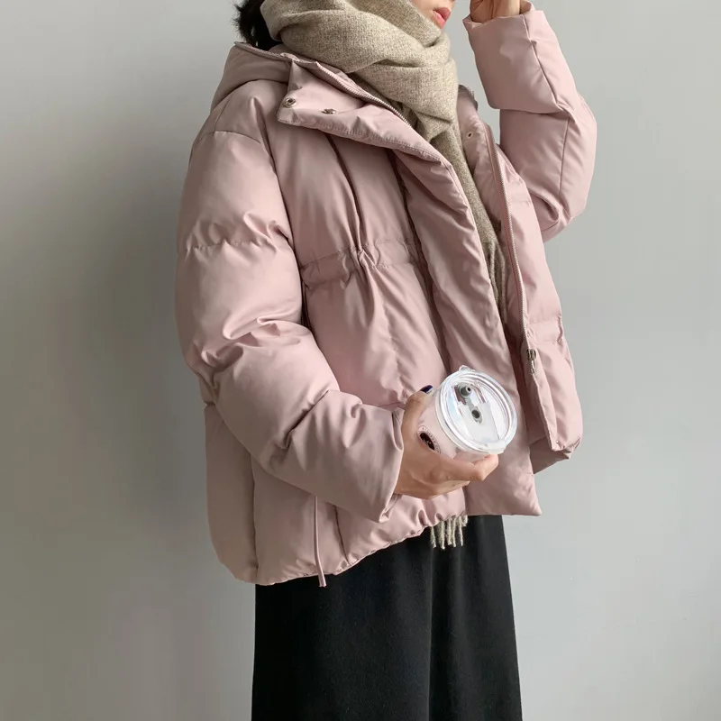 Autumn Winter Korean Warm Puffer Jacket Women Casual Solid Long Sleeve With Hooded Pink Blue Black Loose Coat Tops