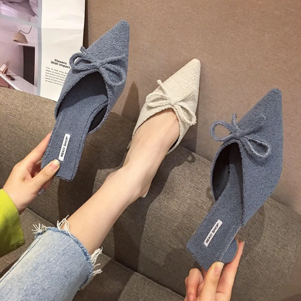 Famous Designer bow-knot wool mules shoes woman pointed toe furry slippers winter low heels shallow curl fur flip flops slides