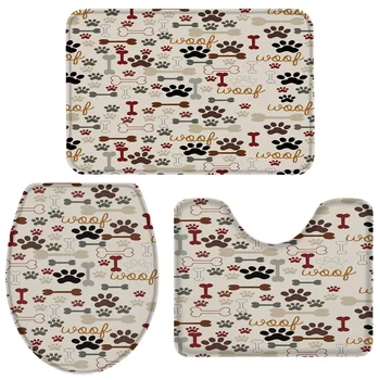 

3 Pieces Bathroom Set Cartoon Dog Footprints Bones Animals Bath Set Toilet Cover Mat Pedestal Rug Non-Slip Bathroom Rug Set