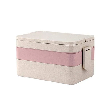

3 Layers Wheat Straw With Tableware Portable Handle Double Lock Food Container Lunch Box Camping Office Dinnerware Non-toxic