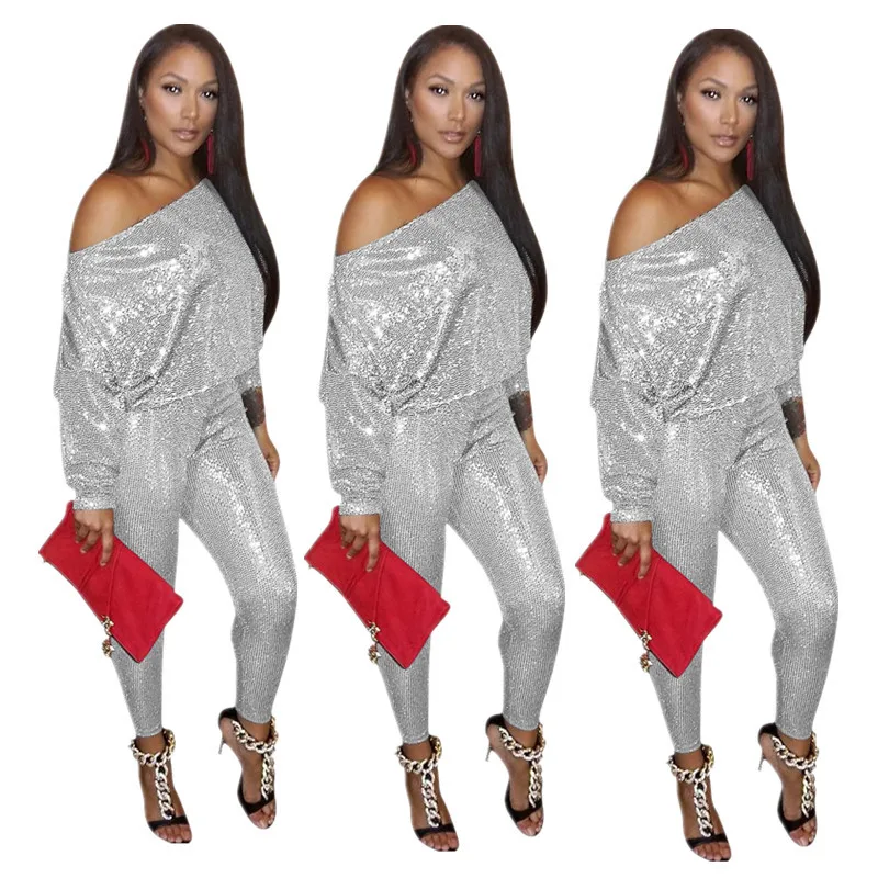 Hot style sequined off-the-shoulder long sleeve fashion suit silver shiny comfortable women's wear | Женская одежда