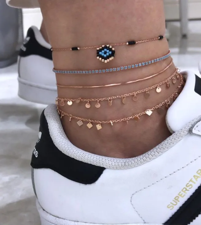 Vintage Fashion Multilayer Chain Ankle Anklets For Women Trendy Blue Crystal Metal Sequin Charm Anklet Foot Jewelry | Украшения и