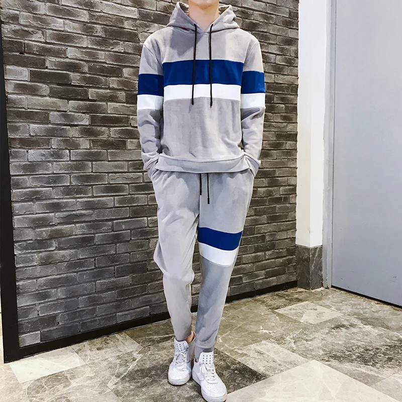 light gray Спортивный костюм мужской вельветовый спортивный костюм комплект из двух предметов для мужчин спортивный костюм одежда для мужчин спортивный костюм осень зима толстовка с капюшоном+ брюки - Цвет: light gray