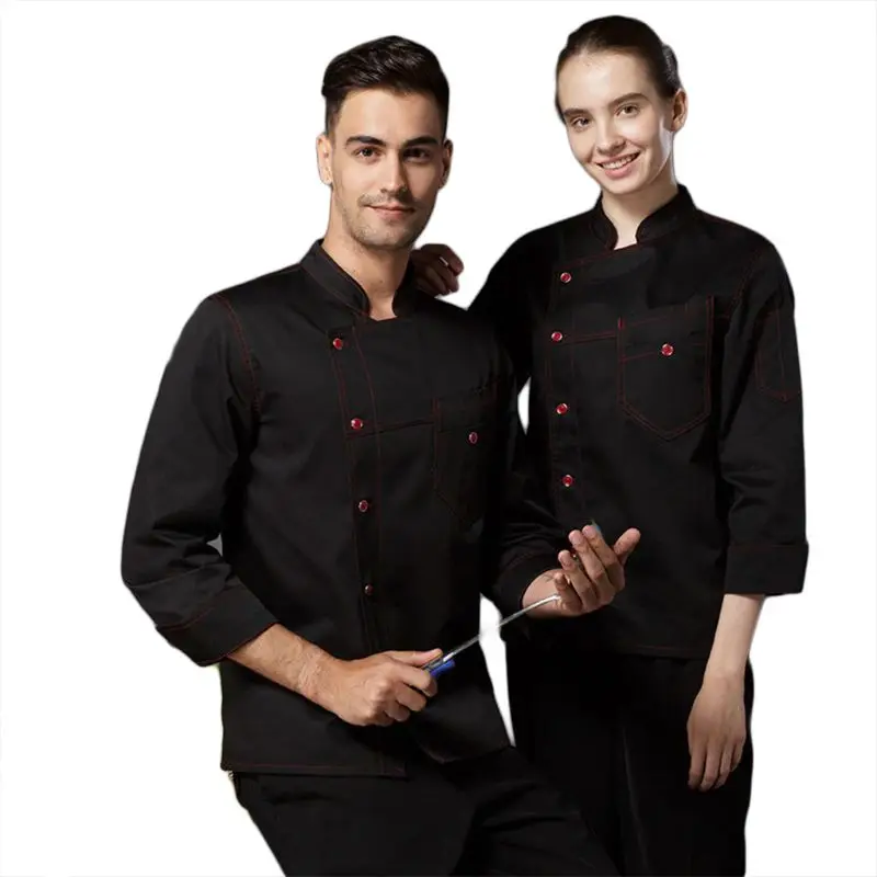 Men Women 3/4 Sleeve Faux Denim Chef Jacket Single Breasted Bakery Restaurant Uniform Workwear Food Service Coat with Pockets |