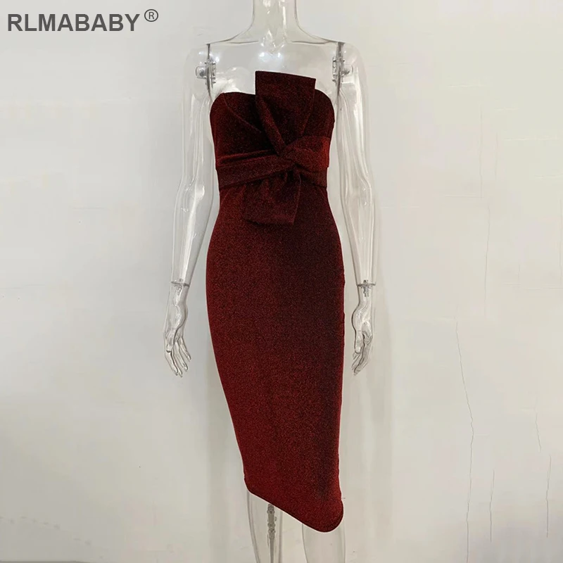 Rlmaaby, 7 цветов, блестящее, элегантное, Бандажное, с бантом, вечерние, без бретелек, с открытой спиной, облегающее, миди, платье, сексуальное, для женщин, Осень-зима, платье