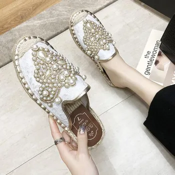 

2020 New String Bead Half Slippers Spring Slides Women Shoes Pearl Hemp Flat Heel Shoes Women Cotton Fabric Lace Mules Shoes