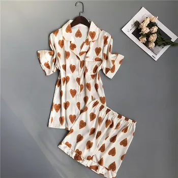 

Faux Silk Satin Pajamas Set 2 Piece Women Spring Flower Printing short Sleeve Shorts Sleepwear Pajamas Suit Home wear