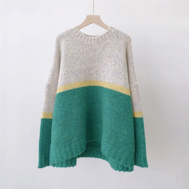 

Women Autumn Patchwork Loose Contrast Color Sweaters Ladies Knitted Pullovers Tops Female 2019 Spring Fall Knitwear Knit Sweater