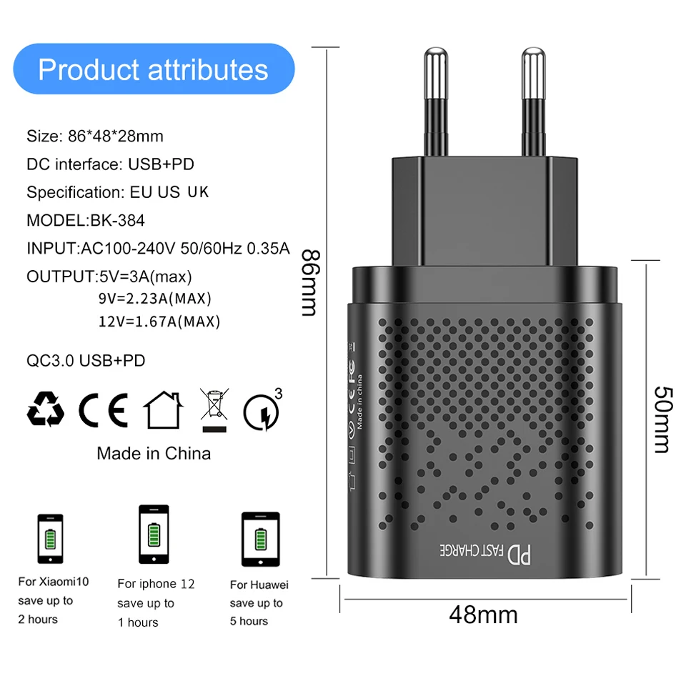 ELECTOP USB Type C Charger Mini Quick Charge 3.0 QC PD 20W Mobile Phone Charger for iPhone 12 Samsung Xiaomi Fast Wall Chargers