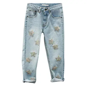 

2020 New spring Summer Blue Mid Waist Jeans Women fashion Sequined Stars straight Denim pants r574