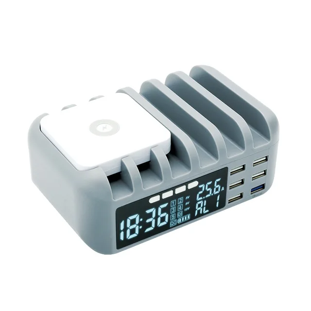48W Multi Phone USB Wireless Charger With Clock for IPhone 11 12 Pro Max QC 3.0 LCD Fast Charging Station For Samsung Xiaomi Grey