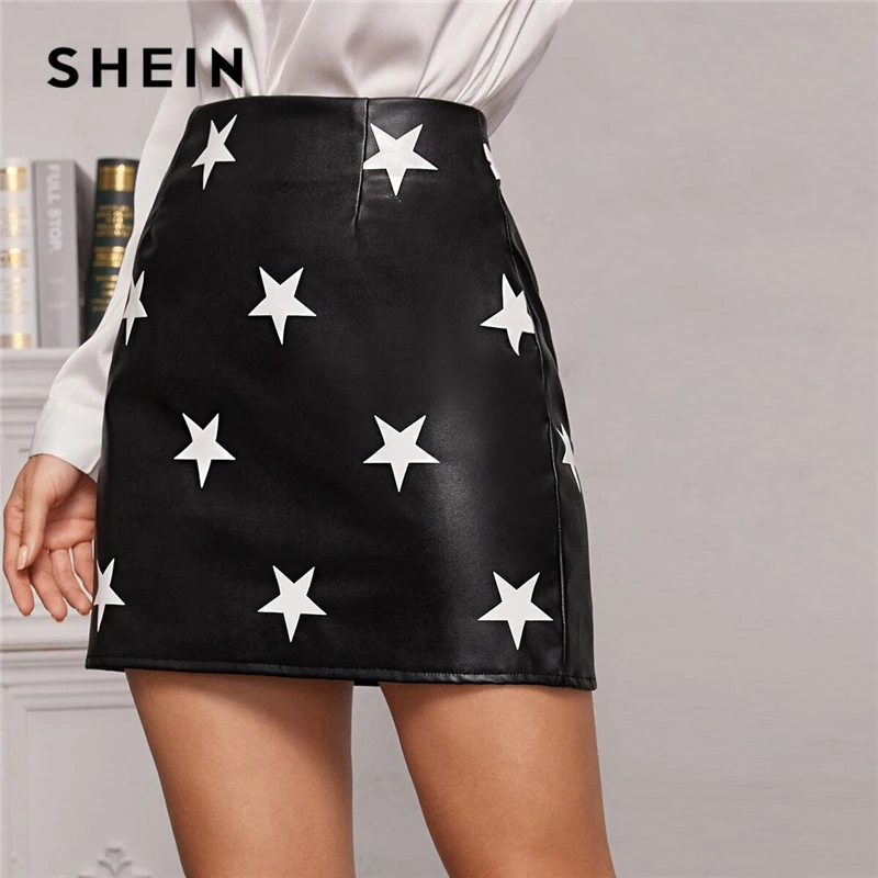 Elegant Skirt SHEIN Star-Print Summer A-Line Mid-Waist Black Geometric