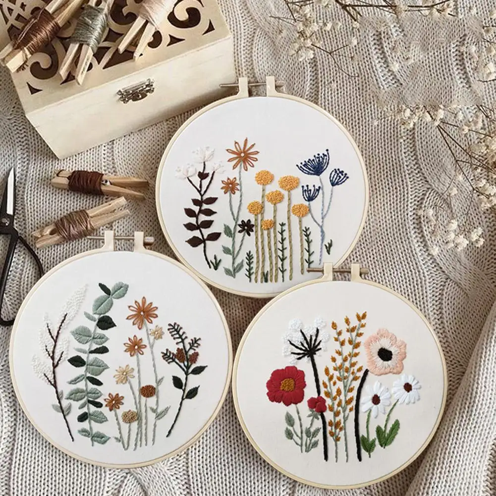 Embroidery Kit For Beginners Cross Stitch Diy Stamped Embroidery with Floral Flower Pattern Ring Color Threads