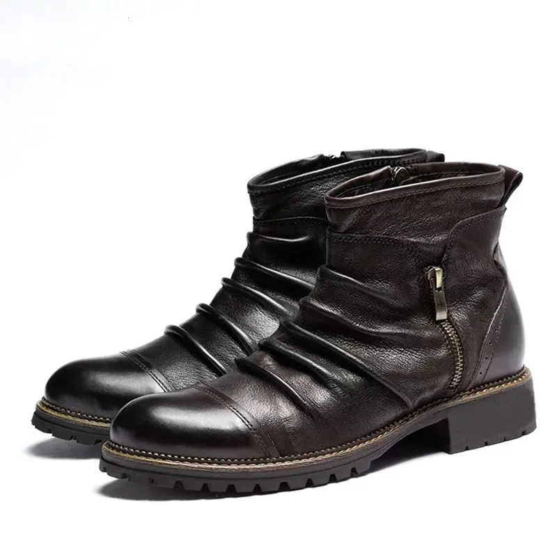 

New Autumn Men Leather Boots Fashion Retro Zipper Ankle Booties Breathable Big Size Male Motorcycle Boots Party Shoes