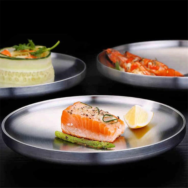 

Stainless Steel Salad Shape Round Plate Cake Dessert Solid Tray Dinner Plates Western Steak Round Tray Kitchen Serving Dishes