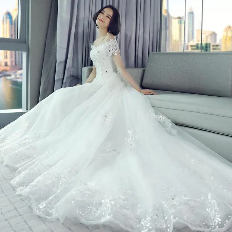 

2023 New Luxury Boat Neck Wedding Dress With Long Train Ball Gown Lace Diamond Vestido De Novia Plus Size Custom Made Dresses