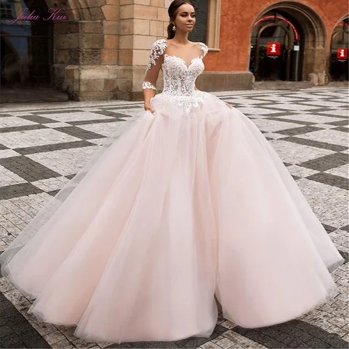 Julia Kui Роскошные Свадебные платья Линия розового свадебного платья со шлейфом - Цвет: Picture Pink