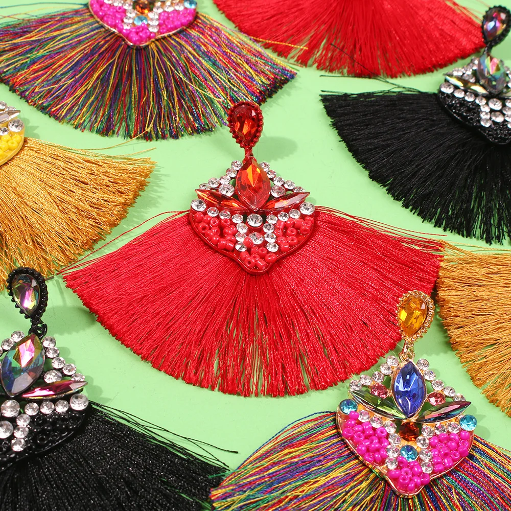 

Jouval Bohemia Rhinestone Beads Flower Dangle Drop Tassel Earrings For Women Large Sector Fringe Brincos Female Fahsion Jewelry