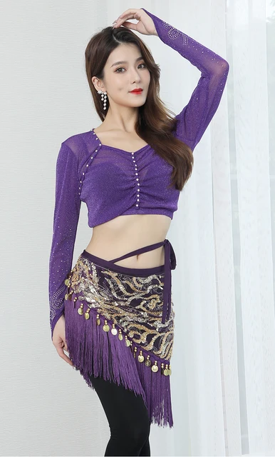 Costume De Danse Orientale – Écharpe Hanche Velours + 2 Bracelets | 328 Ornements Métalliques, Extensible, Lavable | Pour Spectacles, Fêtes, Entraînement