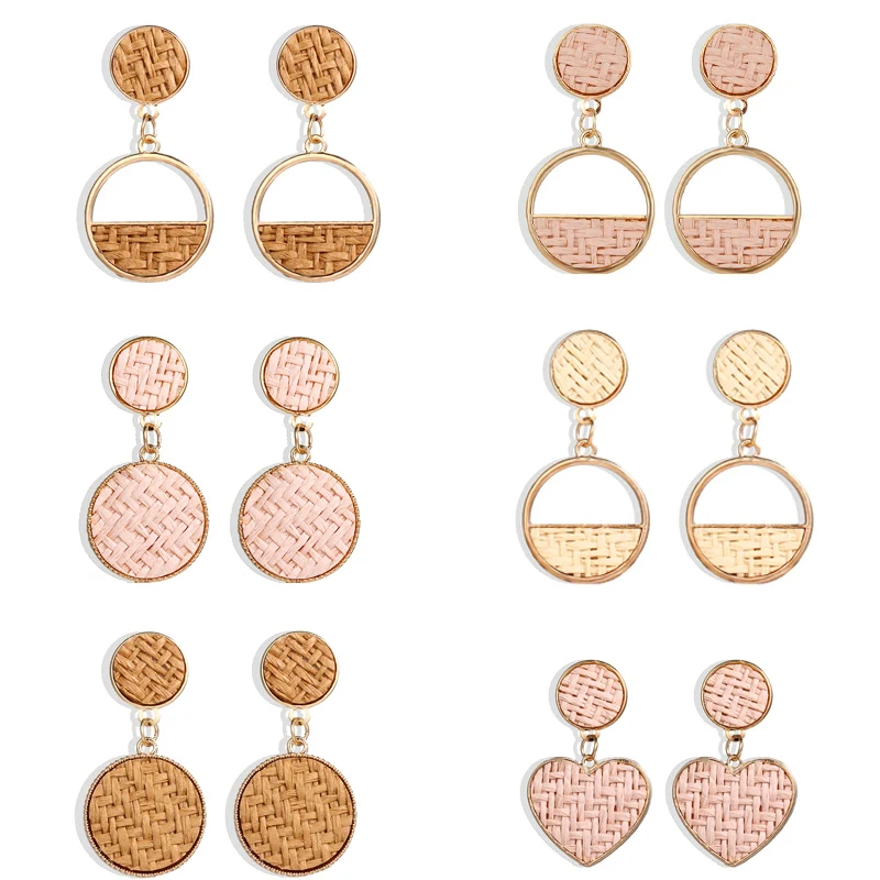 FNIO Ретро тканые серьги из ротанга женские модные массивные круглые с сердечками