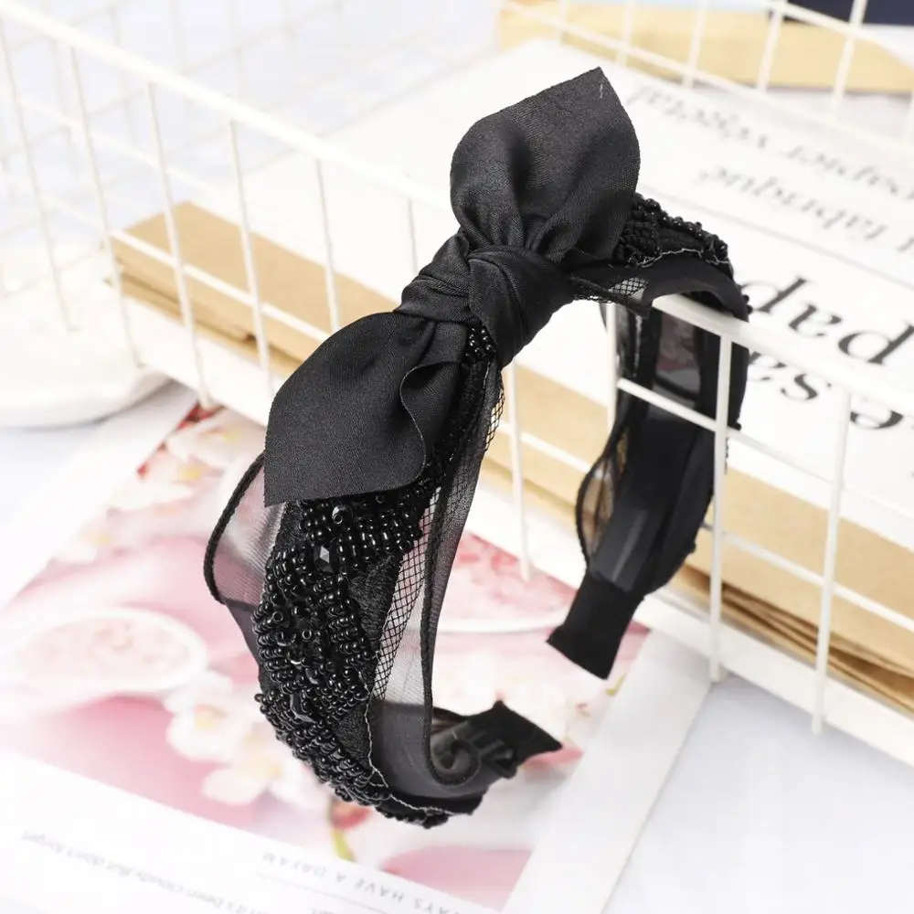 Кружева Кристалл повязки с узлом для женщин черный ободок с бантиком аксессуары для волос, Корея Цветок Корона повязка на голову - Цвет: 2