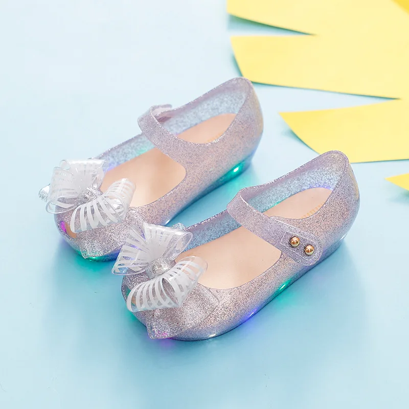 Белый Melissa/ г., прозрачные сандалии со светодиодной подсветкой вечерние туфли для танцев Сандалии с бантом сандалии принцессы с открытым носком для девочек удобная обувь melissa - Цвет: Белый