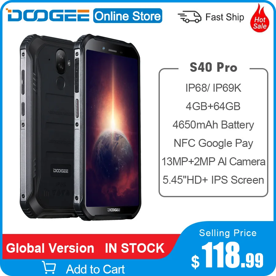 Смартфон DOOGEE S40 Pro защищенный экран 5 45 дюйма 4650 мАч 4 Гб ОЗУ 64 ПЗУ Восьмиядерный Helio
