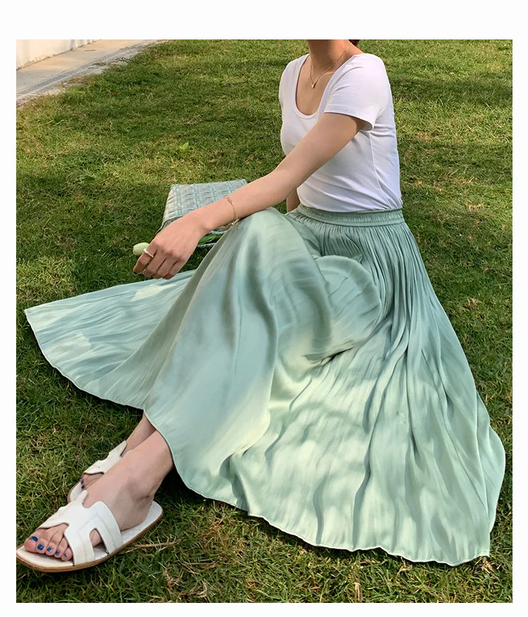 Summer Silky Skirt Elastic High Waist Glossy Silky Long Skirt Sea-Island Filament A-line Skirts Beach Vacation Pearlescent Dress