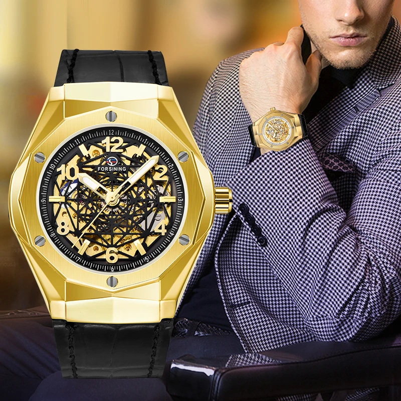 

Forsining Fashion Geometric Transparent Dial Mens Watches Mens Automatic Mechanical Wristwatch Male Waterproof Sport Clock