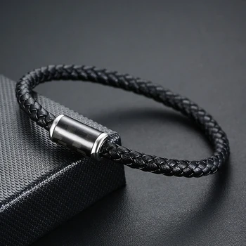 

Carbon Fiber Beads Genuine Leather Bracelet Black Braided Wristband Men's Bangle