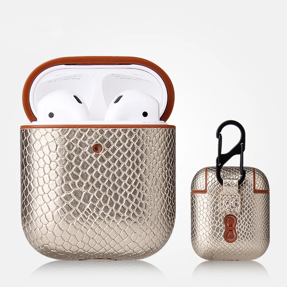 Для Airpods 1 2 Универсальный чехол из искусственной кожи Змеиный узор оболочки беспроводные наушники противоударный анти-капля защитный чехол - Цвет: Золотой