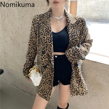 

Nomikuma Leopard Blazer Women Notched Collar Long Sleeve Double Breasted Fashion New Jackets High Street Casual Loose Tops 3c732