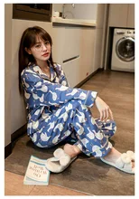 

Ladies Pajamas Autumn And Winter Long-Sleeved Home Service 2021 Blue Big Goose Single Radish Crepe Cute Suit Can Be Worn Outside